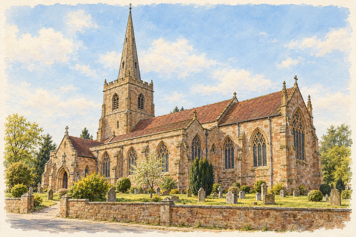 Watercolour and fine ink illustration of St Alphege’s Church, Solihull