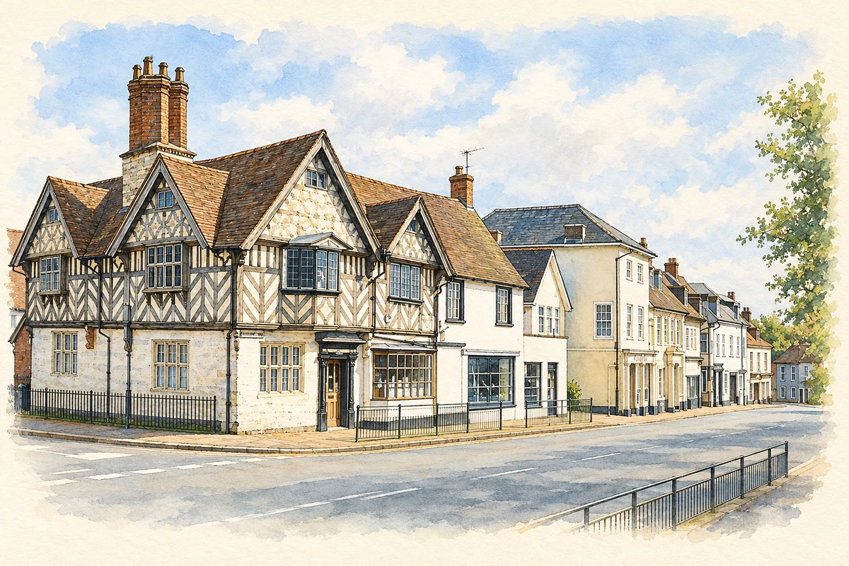 Watercolour and fine ink illustration of Market Hill, Southam