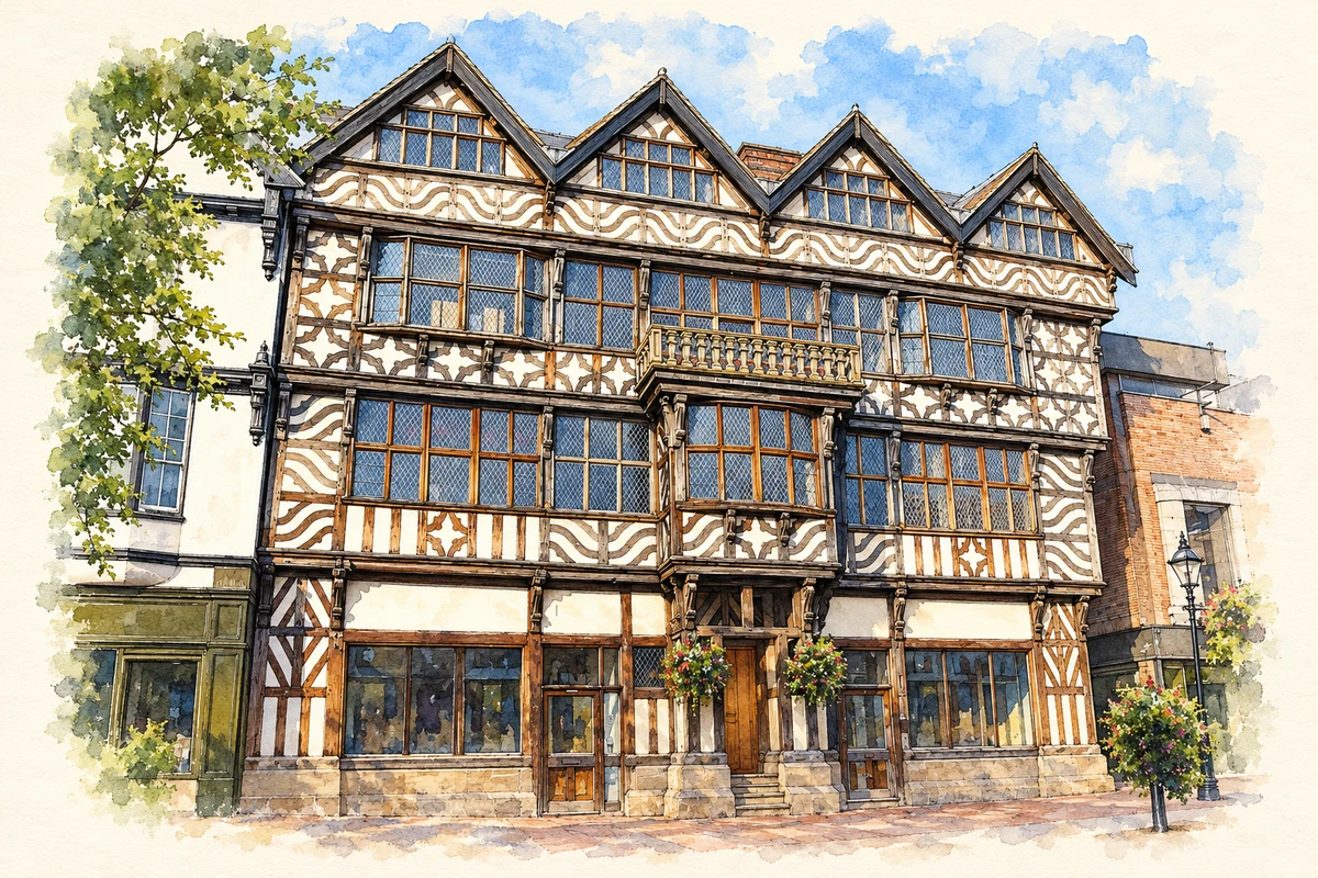 Watercolour and fine ink illustration of The Ancient High House, Stafford