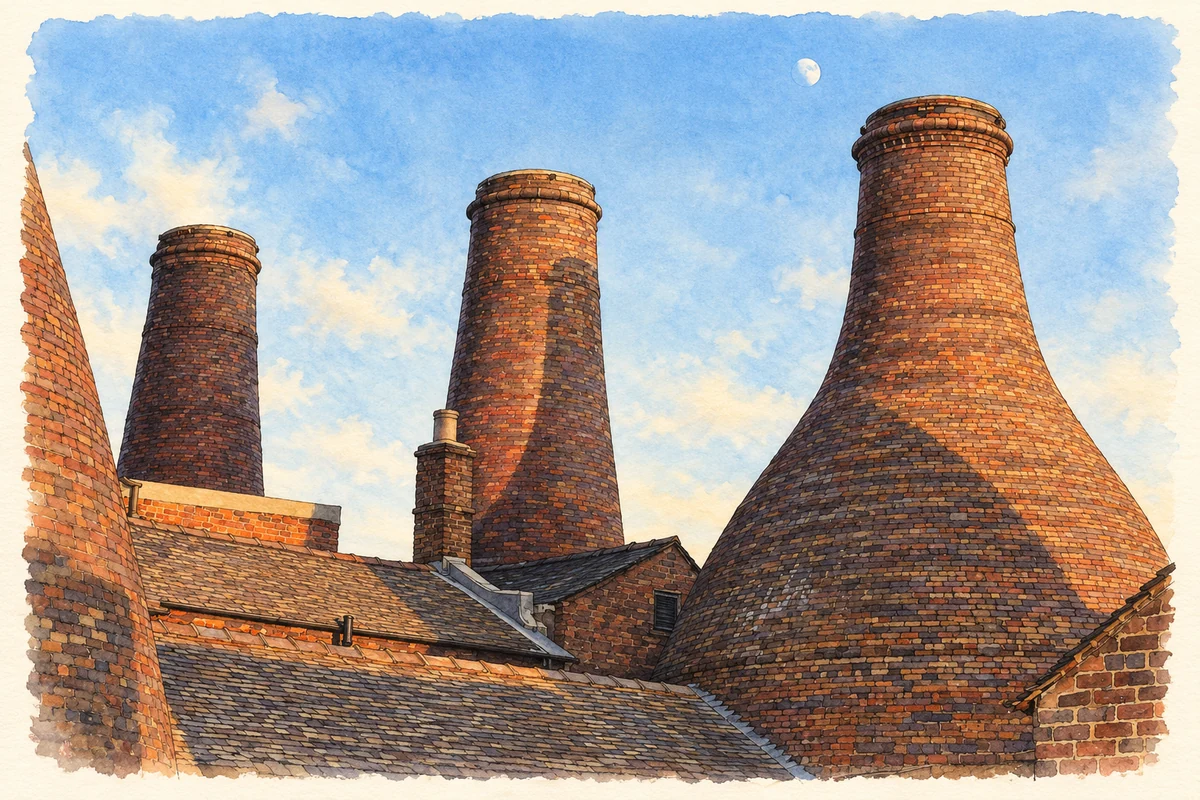 Watercolour and fine ink illustration of Gladstone Pottery Museum bottle ovens, Longton