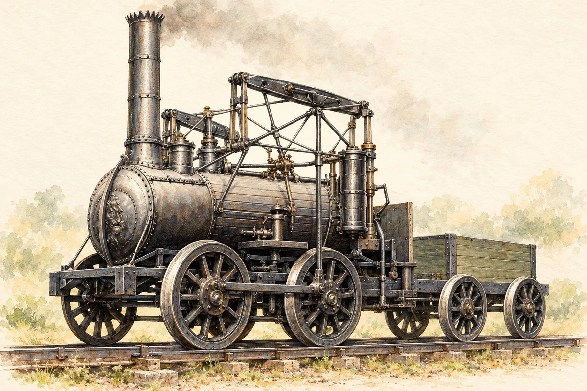 Watercolour and fine ink historical reconstruction of the Stourbridge Lion locomotive and tender in 1829