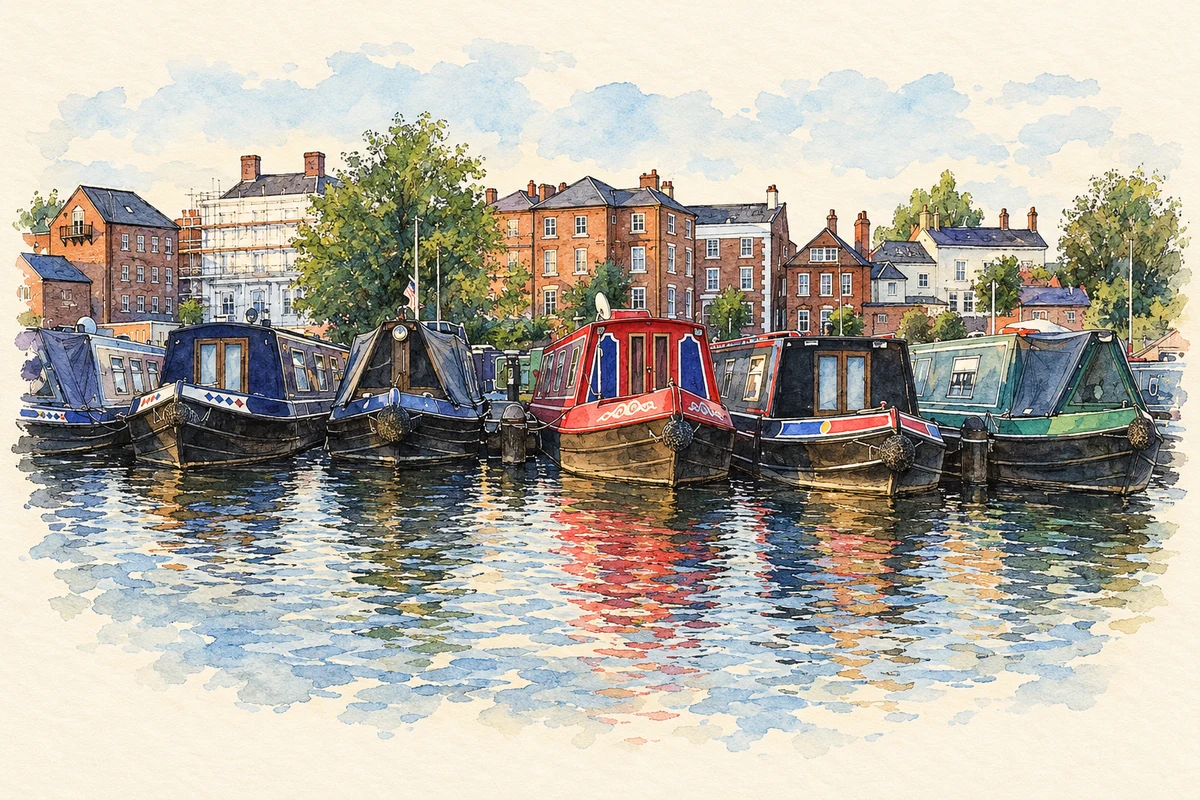 Watercolour and fine ink illustration of Canal boats at Stourport Basin