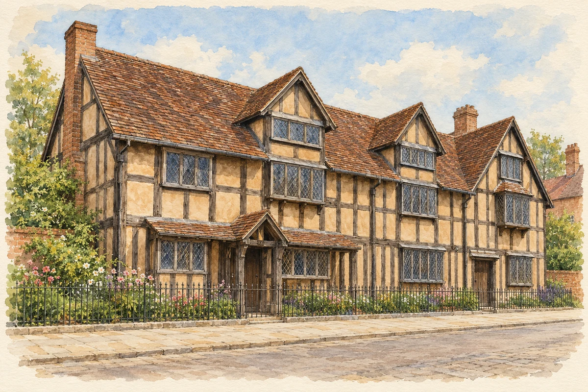 Watercolour and fine ink illustration of Shakespeare’s Birthplace, Henley Street