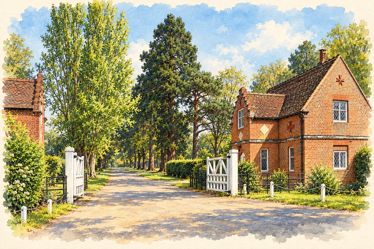 Watercolour and fine ink illustration of Sutton Park entrance lodge and gates