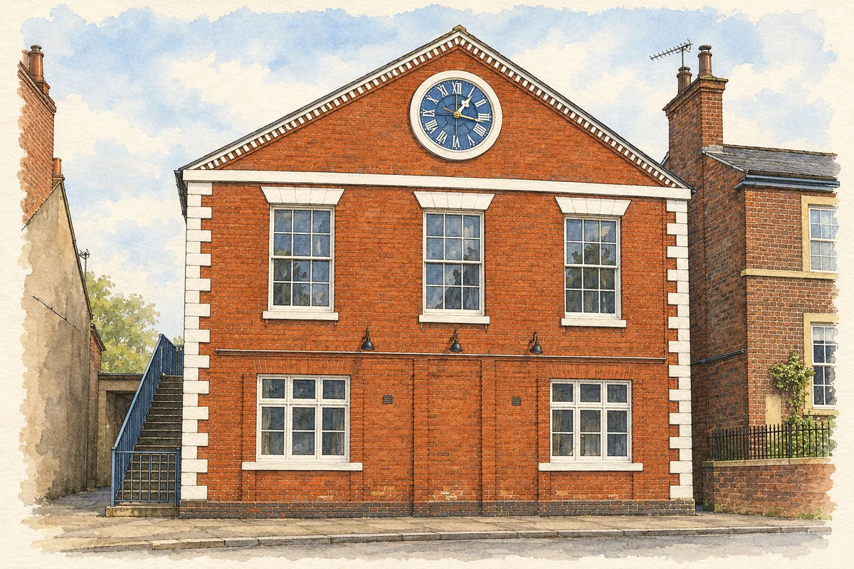 Watercolour and fine ink illustration of Tutbury Institute