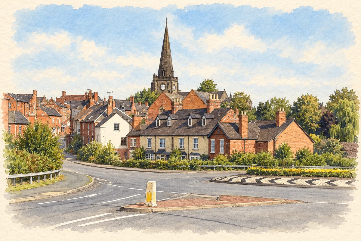 Watercolour and fine ink illustration of Uttoxeter townscape with St Mary’s church spire