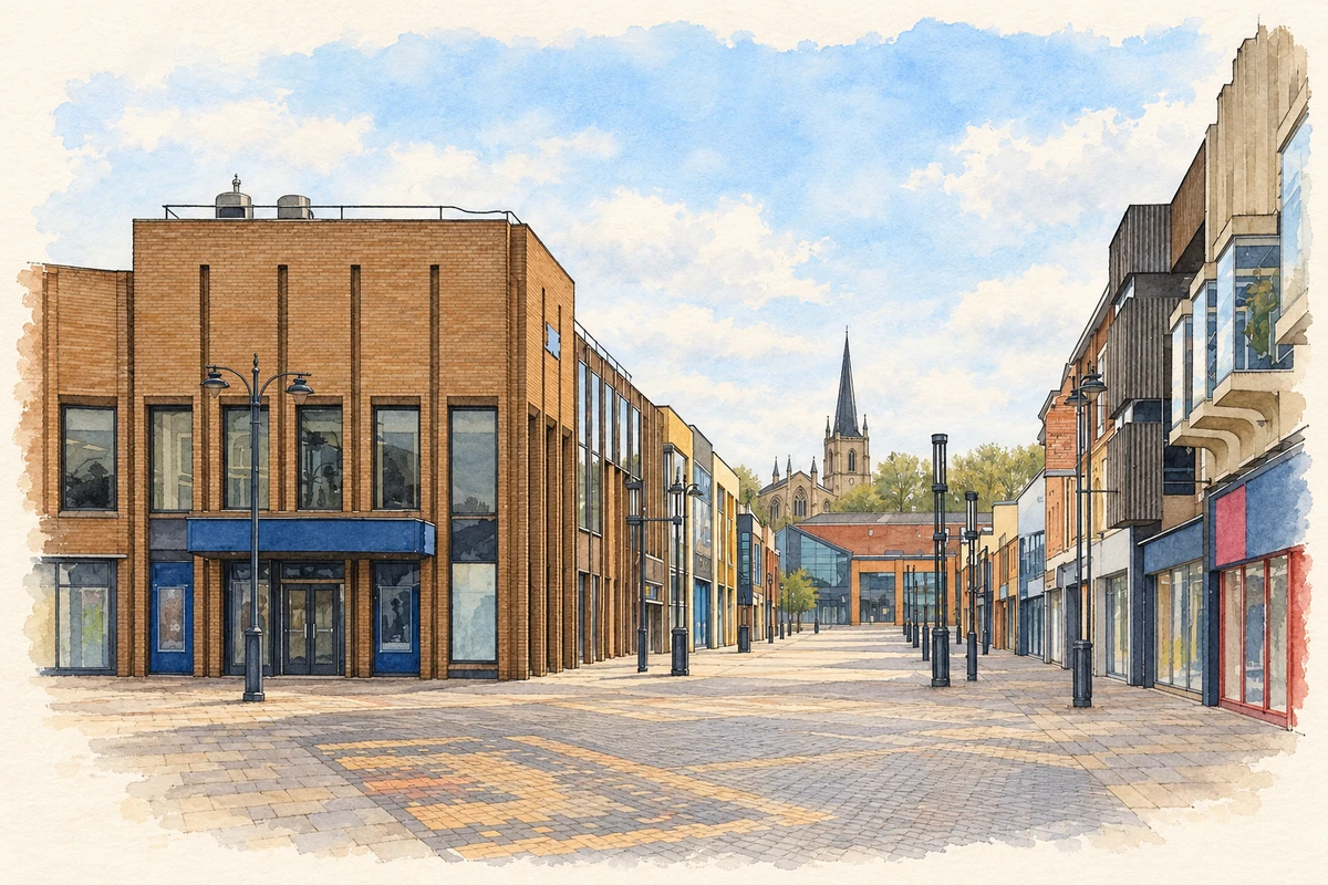 Watercolour and fine ink illustration of Walsall town centre