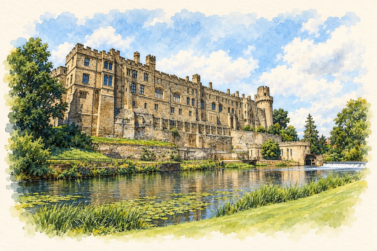 Watercolour and fine ink illustration of Warwick Castle