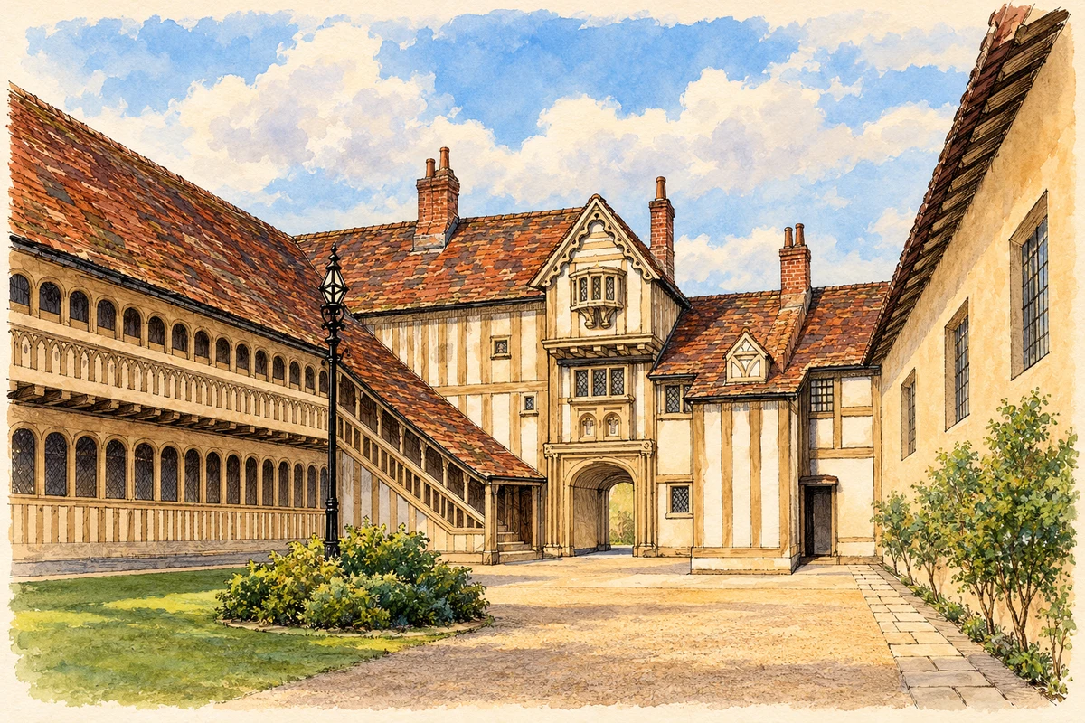 Watercolour and fine ink historical reconstruction of Lord Leycester Hospital courtyard, after an undated print
