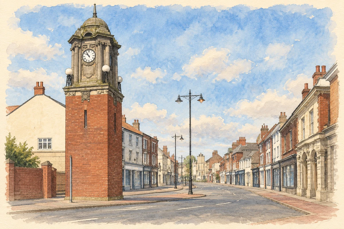 Watercolour and fine ink illustration of Wednesbury Town Centre Clock