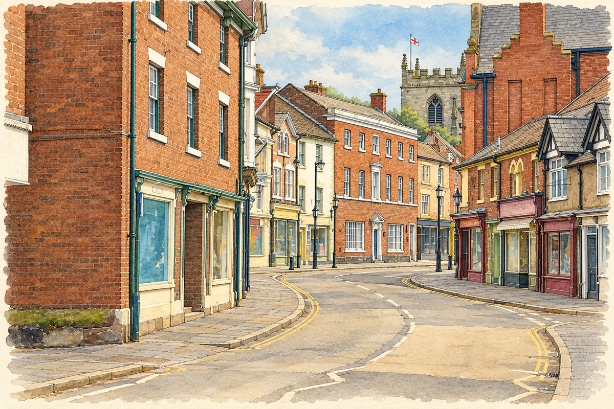 Watercolour and fine ink illustration of Wem High Street