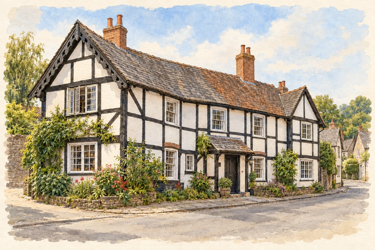 Watercolour and fine ink illustration of Ye Olde Salutation Inn, Weobley