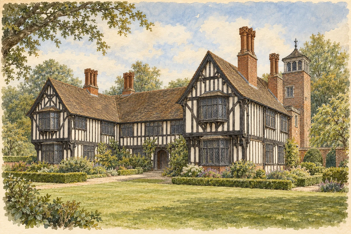 Watercolour and fine ink illustration of Oak House in West Bromwich