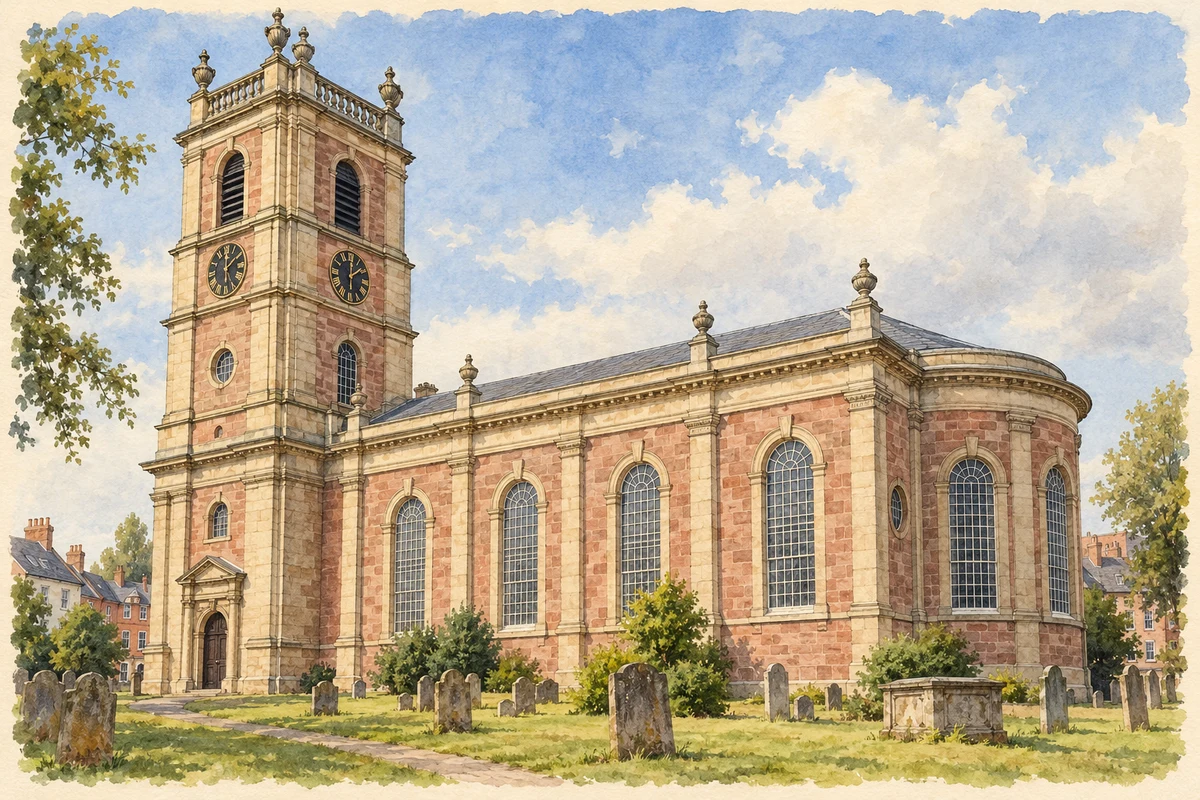 Watercolour and fine ink illustration of St Alkmund’s Church, Whitchurch