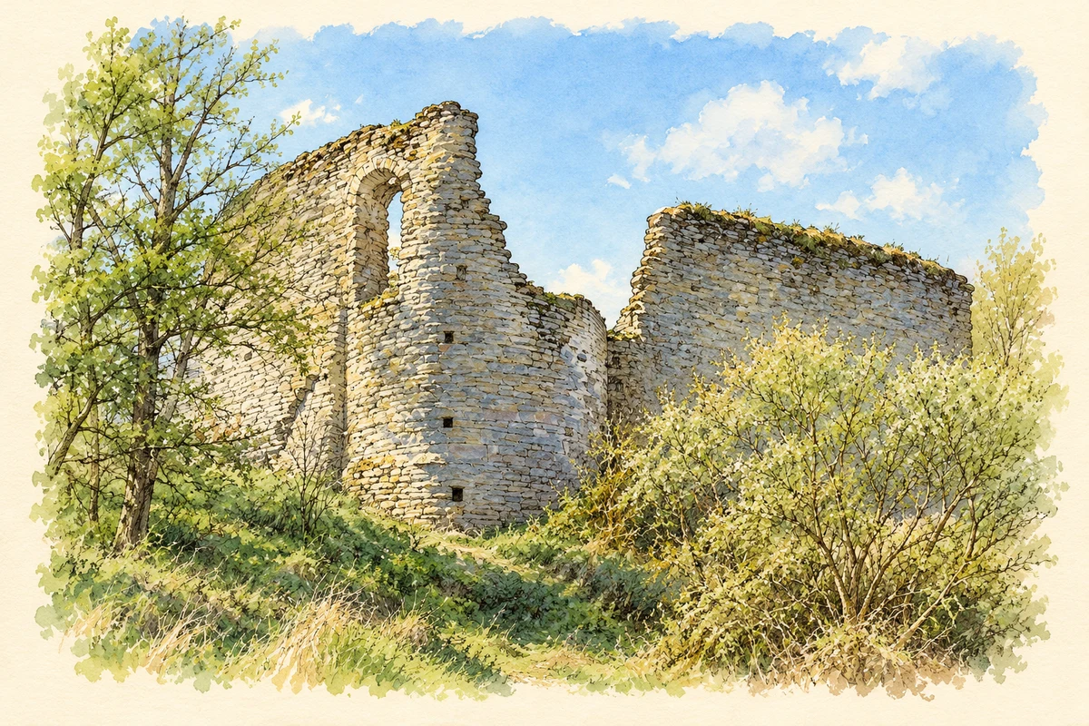 Watercolour and fine ink illustration of Wigmore Castle