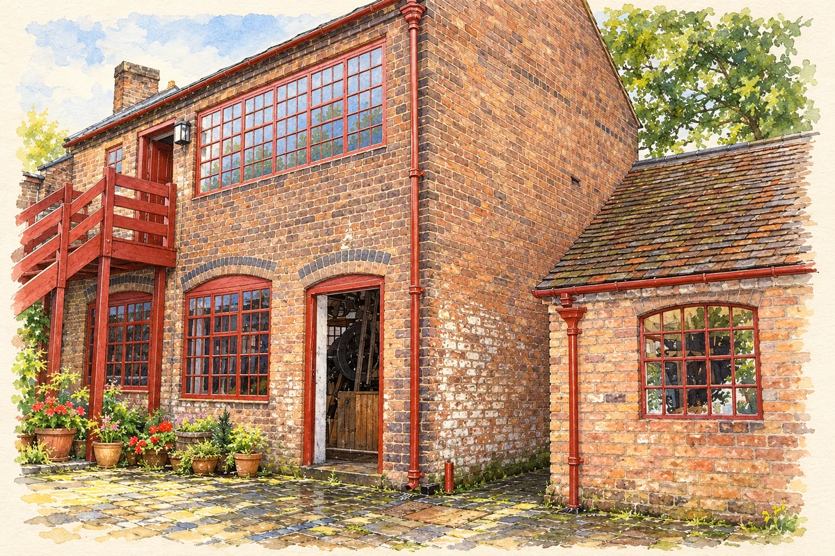 Watercolour and fine ink illustration of The Locksmiths House workshop