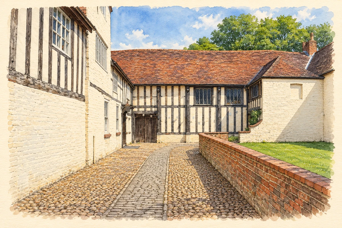 Watercolour and fine ink illustration of the Commandery courtyard, with timber-framed ranges, tiled roofs and a cobbled path